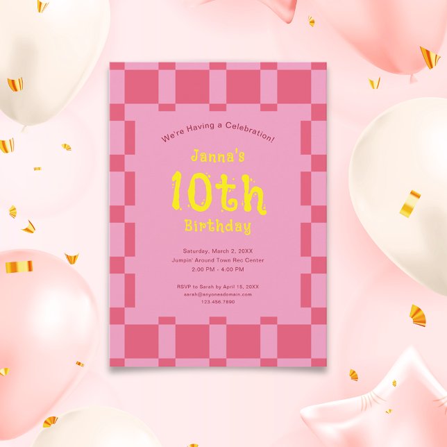 Invitation Rose À damiers Motif mignonne fille Anniversaire (Pink Checkered Pattern Cute Girl Birthday Invitation)