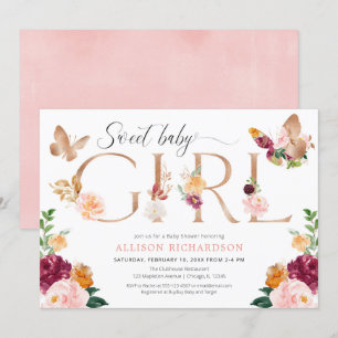 Invitation rose à papillon baby shower de fille rose rousse
