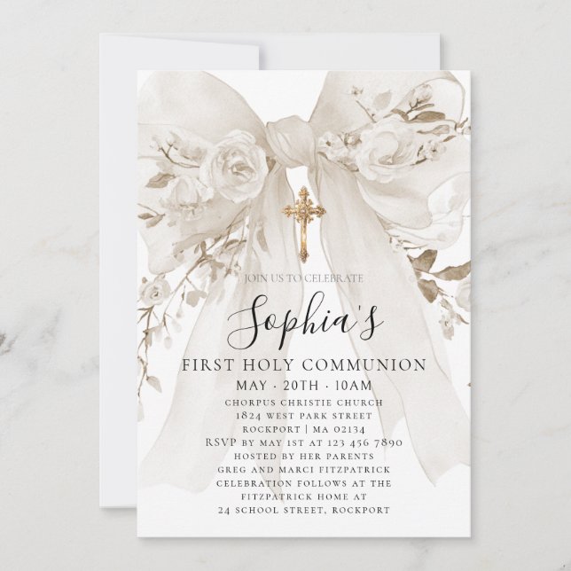 Invitation Rose à ruban blanc pour la première communion (Devant)