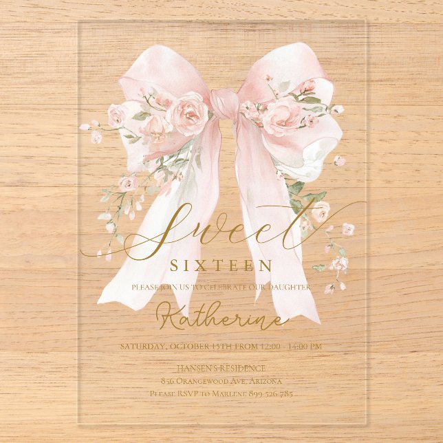 Invitation rose à ruban floral pour un Sweet sixte (Recto)