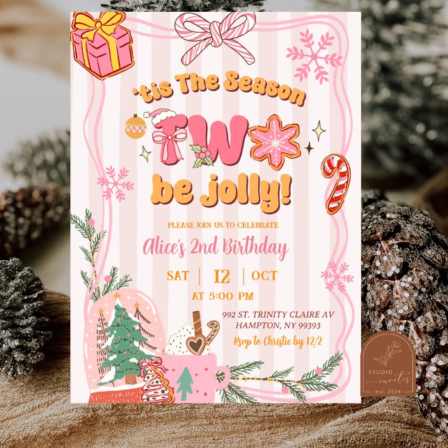 Invitation Rose Anniversaire 2 ans Noël Hiver Rétro Mignon (Créateur téléchargé)