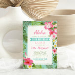 Invitation rose Anniversaire tropical avec Luau et fleurs<br><div class="desc">Les invitations de fête de luau d'anniversaire comportent un thème hawaïen avec "Aloha" et un cadre luxuriant des frondes en feuille de palmier vertes et des fleurs d'hibiscus aux nuances de roses indien, du jaune, et du blanc. Le texte élégant avec le titre bleu peut être personnalisé. La couleur d'arrière-plan...</div>