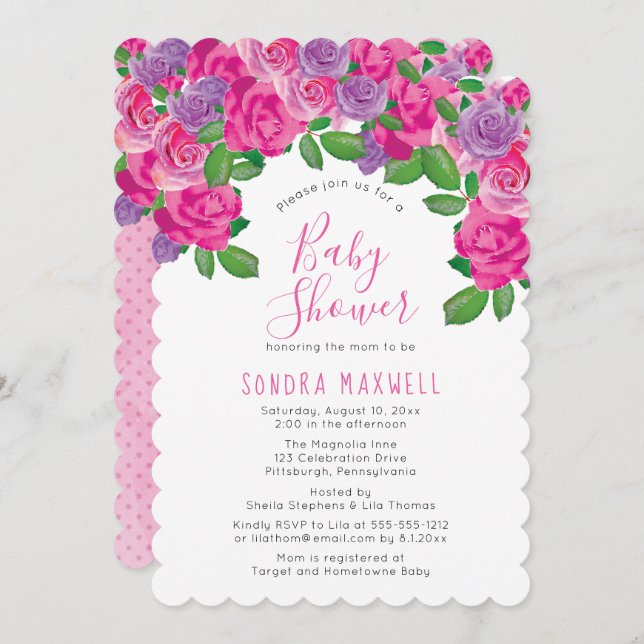 Invitation Rose | Aquarelle blanche Baby shower floral chic (Devant / Derrière)