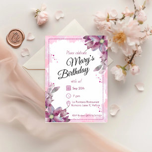 Invitation Rosé Aquarelle Florales Anniversaire