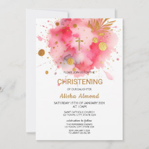 Invitation Rose aquarelle or BAPTÊME