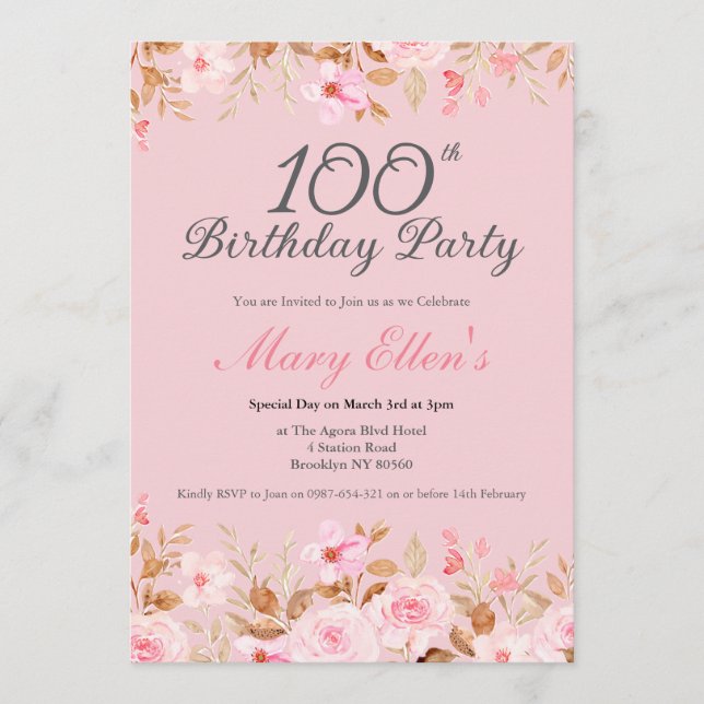 Invitation Rose Aquarelle Rose Classique 100e Anniversaire (Devant)