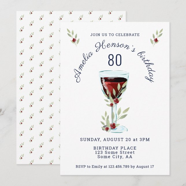 Invitation Rose aquarelle rouge rustique eau de vin 80e anniv (Devant / Derrière)