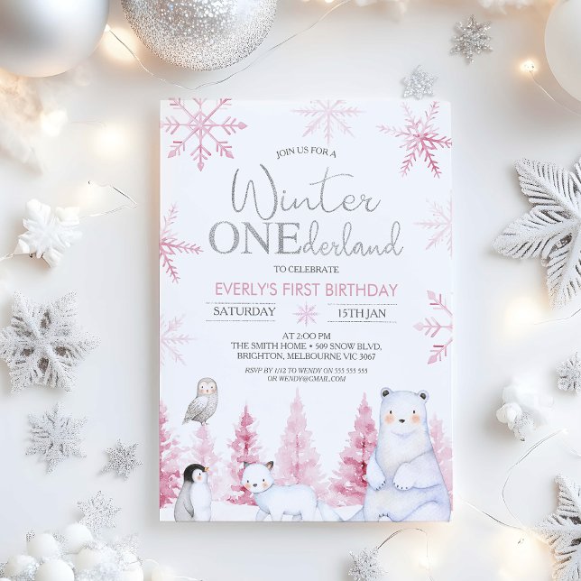 Invitation Rose Argent Animaux Hiver Onederland Anniversaire (Winter Onederland Birthday Invitations Girl, Arctic Animals Winter Onederland Invitation, Pink )