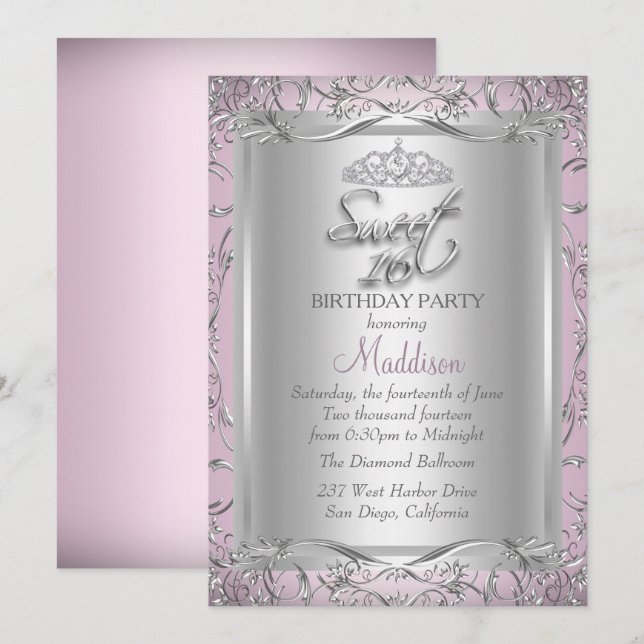 Invitation Rose Argent Damassé pour Sweet 16 (Devant / Derrière)