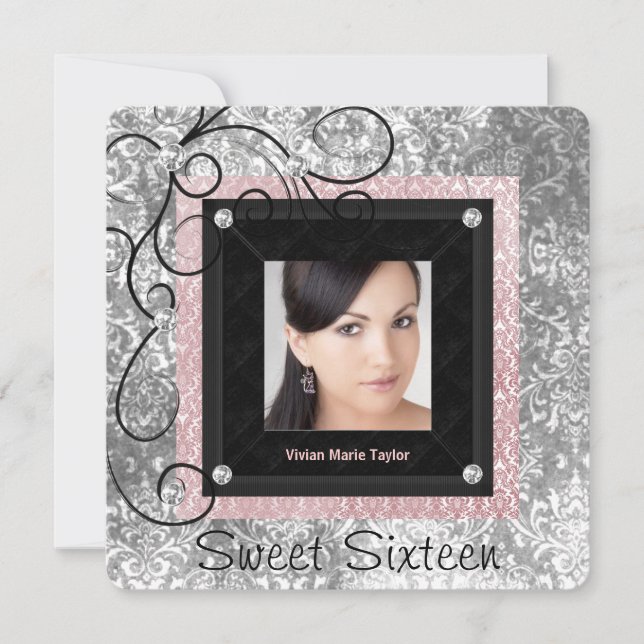 Invitation Rose argent et noir Damassé Sweet 16 (Devant)