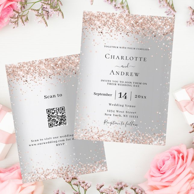 Invitation Rose argent or code QR RSVP détails mariage (Créateur téléchargé)
