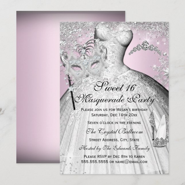 Invitation Rose Argent Princess Masquerade Sweet 1 (Devant / Derrière)