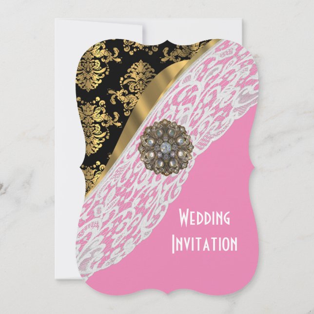 Invitation Rose avec or en dentelle blanche mariage damassé (Dos)