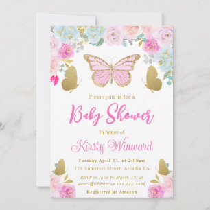 Invitation Rose. Baby shower à papillon bleu et or Floral