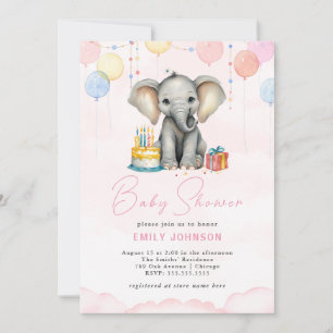 Invitation rose Baby shower éléphant