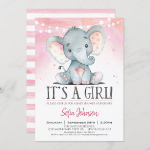 Invitation rose Baby shower Eléphant fille