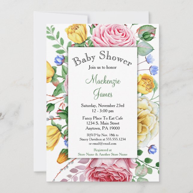 Invitation rose Baby shower Floral Jaune Rose (Devant)