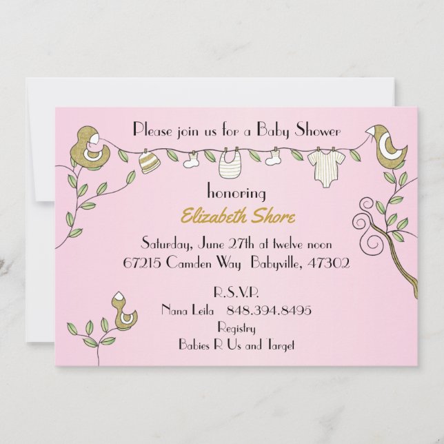 Invitation rose baby shower "Oiseaux d'or" (Devant)
