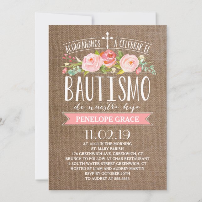 Invitation Rose Banner Burlap | Bautismo espagnol (Devant)