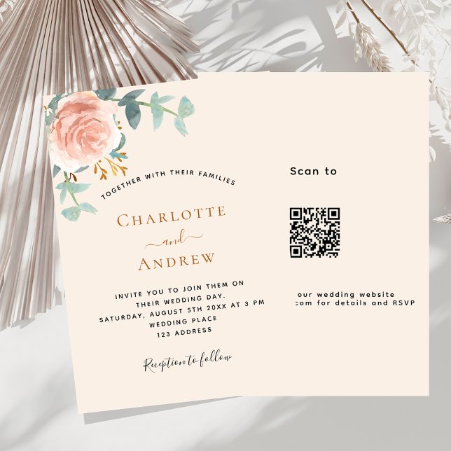 Invitation Rose beige or floral QR code RSVP mariage (Créateur téléchargé)