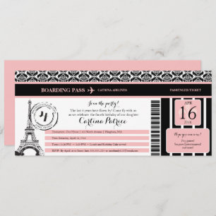 Invitation Rose Black Damask Paris Anniversaire Pass Embarque