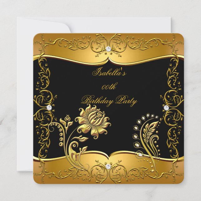 Invitation Rose Black Gold Diamond Floral Anniversaire Party  (Devant)
