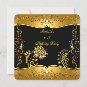 Invitation Rose Black Gold Diamond Floral Anniversaire Party 