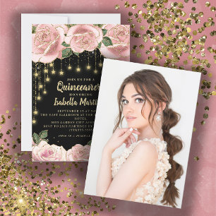 Invitation Rose Black Gold String Light Star Quinceañera