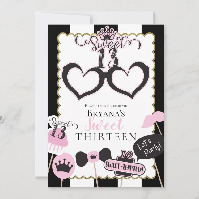 Invitation Rose Black Sweet 13 Photo Booth Anniversaire fête (Devant)