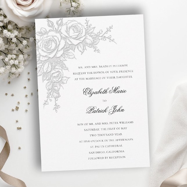 Invitation Rose Black White Timeless Formal Classic Wedding (black and white wedding invitation roses theme floral formal traditional modern classic luxury)