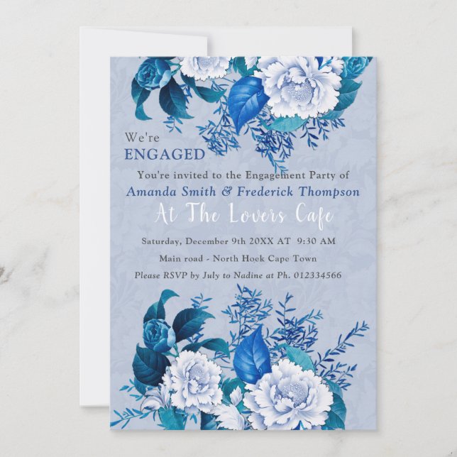 Invitation Rose blanc / bleu Fleurs design (Devant)