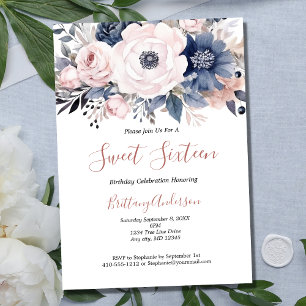 Invitation Rose Blanc Bleu Floral Douze Ans 16 Anniversaire