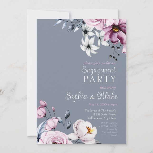 Invitation Rose, Blanc & Bleu Floral | Soirée de Fiançailles  (Devant)
