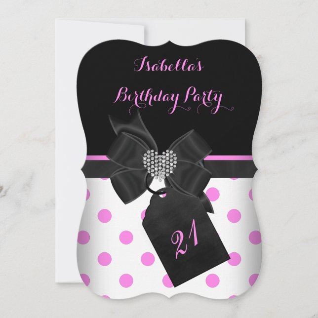 Invitation Rose Blanc Diamond Coeur Noir Pois Anniversaire (Devant)