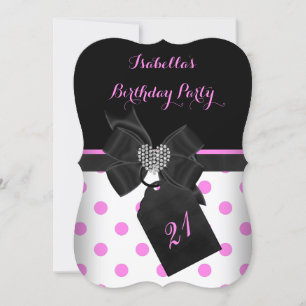 Invitation Rose Blanc Diamond Coeur Noir Pois Anniversaire