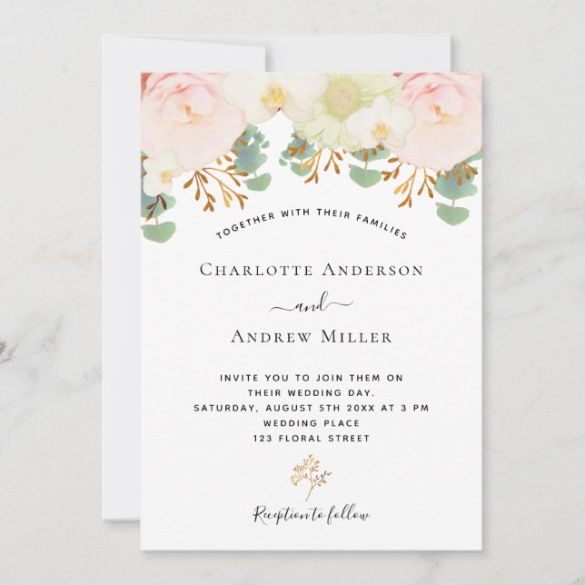 Invitation Rose blanc floral or vert mariage de l'aquarelle (Devant)