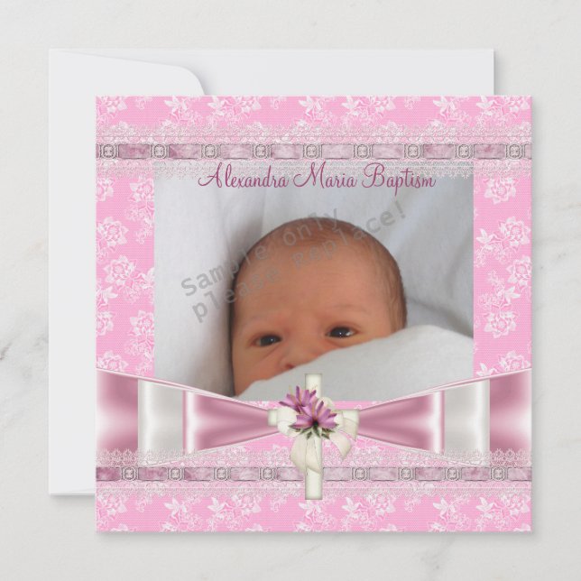 Invitation Rose Blanc Floral Photo Croix Baptême Christening (Devant)