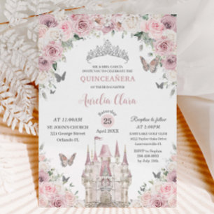 Invitation Rose Blanc Floral Princesse Château Quinceañera XV
