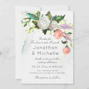 Invitation Rose Blanc Floral vert Mariage chrétien