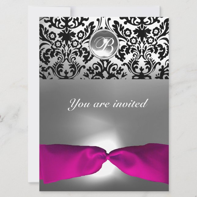 INVITATION ROSE BLANC FUCHSIA DAMAS PIERRE GEMME MONOGRAMME (Devant)