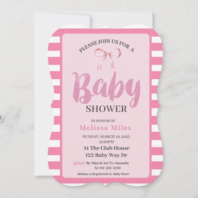 Invitation Rose & blanc Moderne Bow fille Baby shower (Devant)