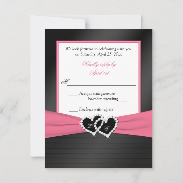 Invitation Rose Blanc Noir FAUX Plis Cœurs Mariage RSVP (Devant)