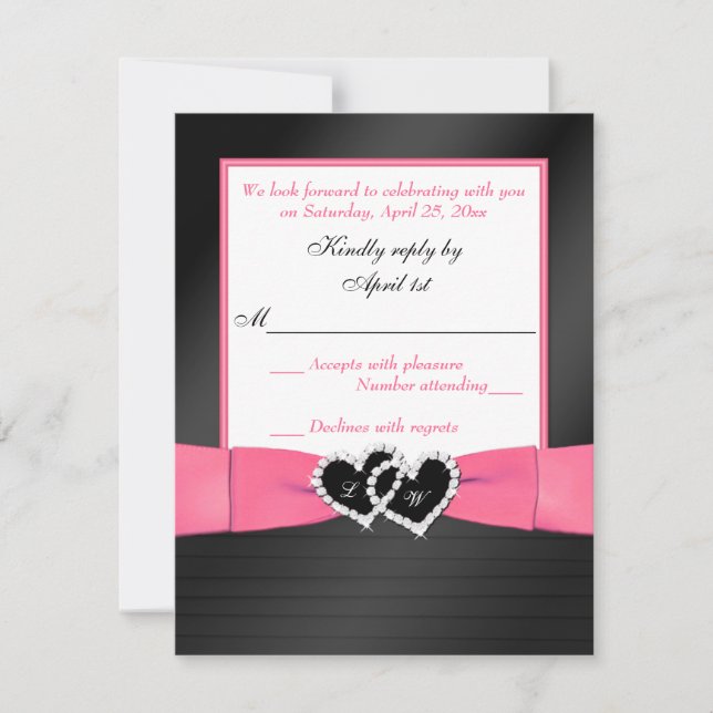 Invitation Rose Blanc Noir FAUX Plis Cœurs Mariage RSVP 2 (Devant)