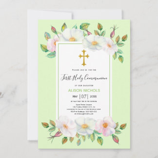 Invitation Rose blanc pâle vert floral première communion