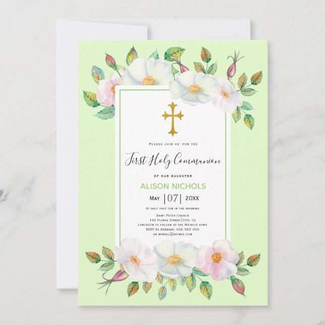 Invitation Rose blanc pâle vert floral première communion (Devant)