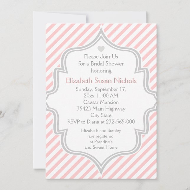 Invitation Rose, blanc, rayures gris mariage douche nuptiale (Devant)