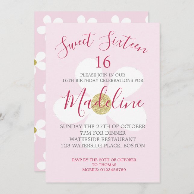 Invitation Rose blanc simple marguerite Sweet sixteen chic (Devant / Derrière)