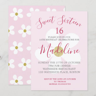 Invitation Rose blanc simple marguerite Sweet sixteen chic