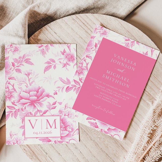 Invitation Rose Blanc Toile de Jouy Floral (Créateur téléchargé)