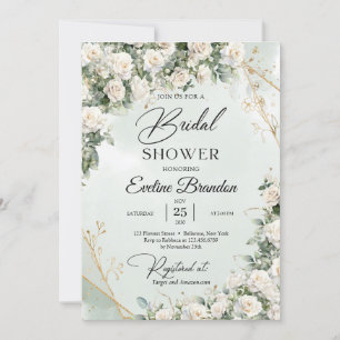 Invitation Rose blanche anglaise vert eucalyptus et or